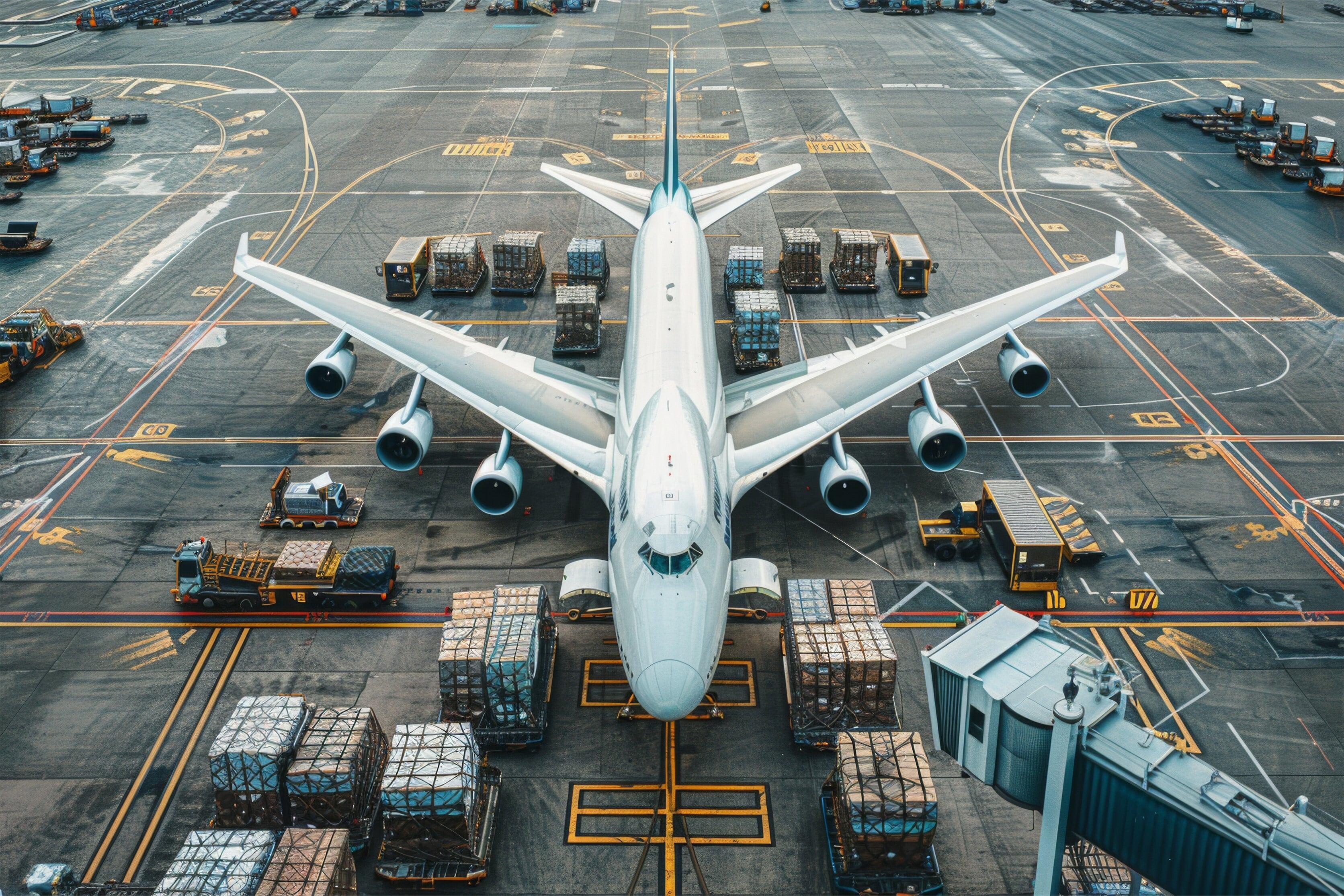 Cargo aircraft on the tarmac surrounded by freight at a busy airport