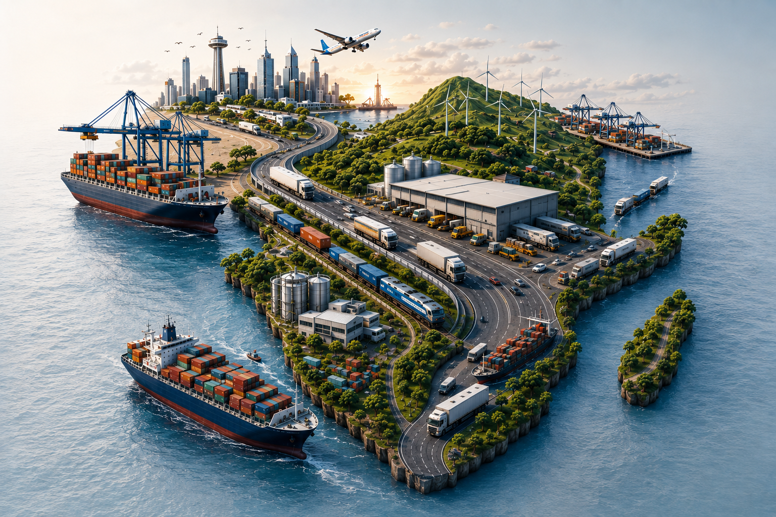 Illustrated map of connected commerce infrastructure across an African trade corridor