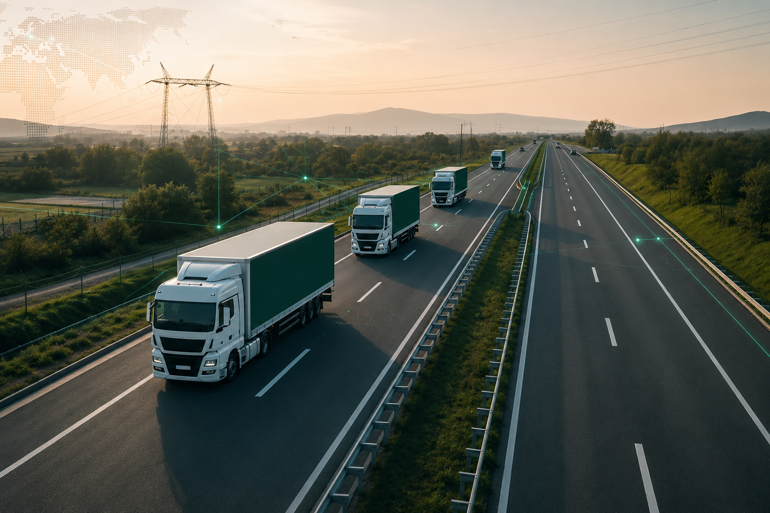 Fleet of freight trucks moving along a highway at dusk