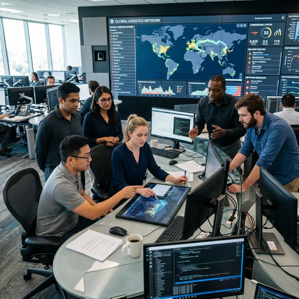 Operations team monitoring a global logistics network dashboard