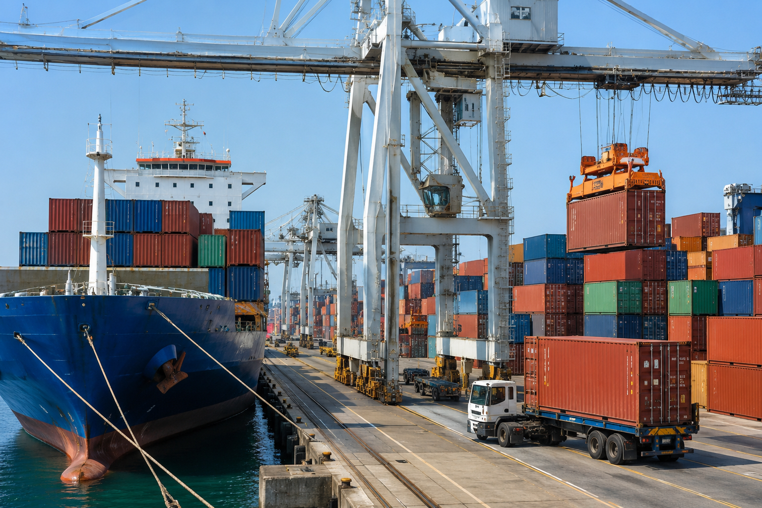 Container ship being loaded at a commercial port